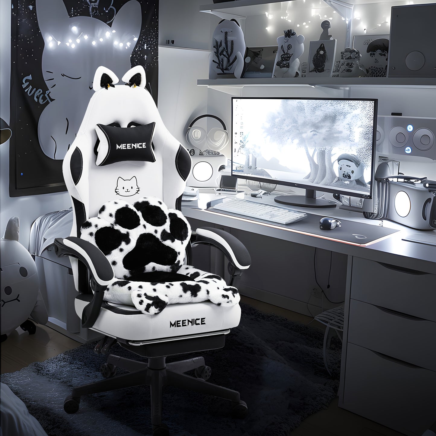 Ergonomic Gaming Chair with Cat Ears and Paw Print Design