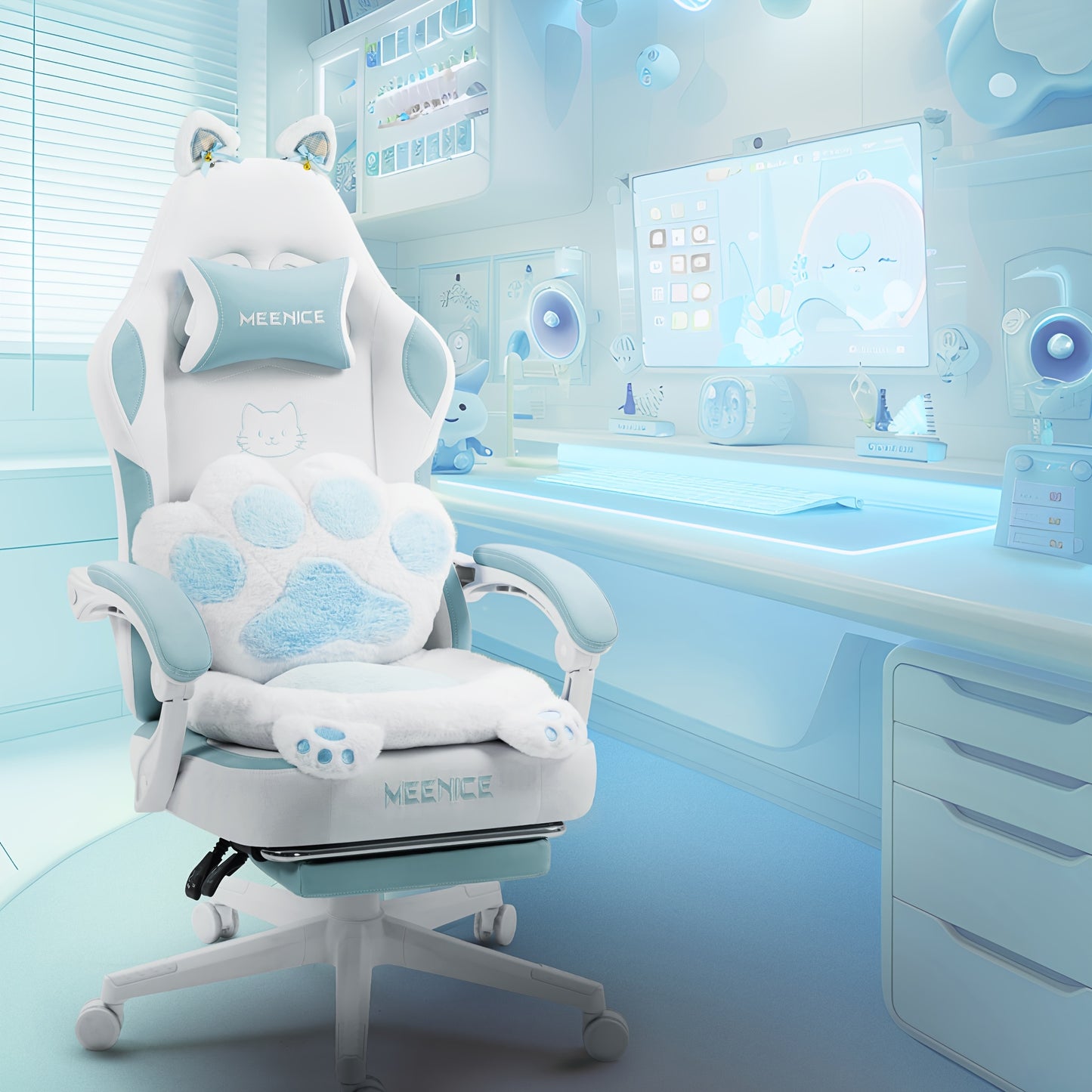 Ergonomic Gaming Chair with Cat Ears and Paw Print Design
