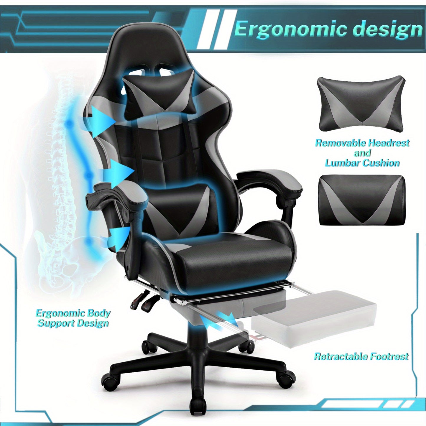 Ergonomic Gaming Chair with Footrest and Lumbar Support