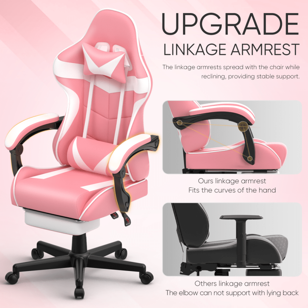 Ergonomic Pink Gaming Chair with Footrest and Lumbar Support