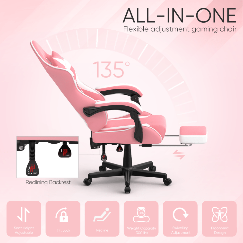 Ergonomic Pink Gaming Chair with Footrest and Lumbar Support