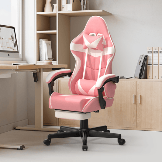 Ergonomic Pink Gaming Chair with Footrest and Lumbar Support
