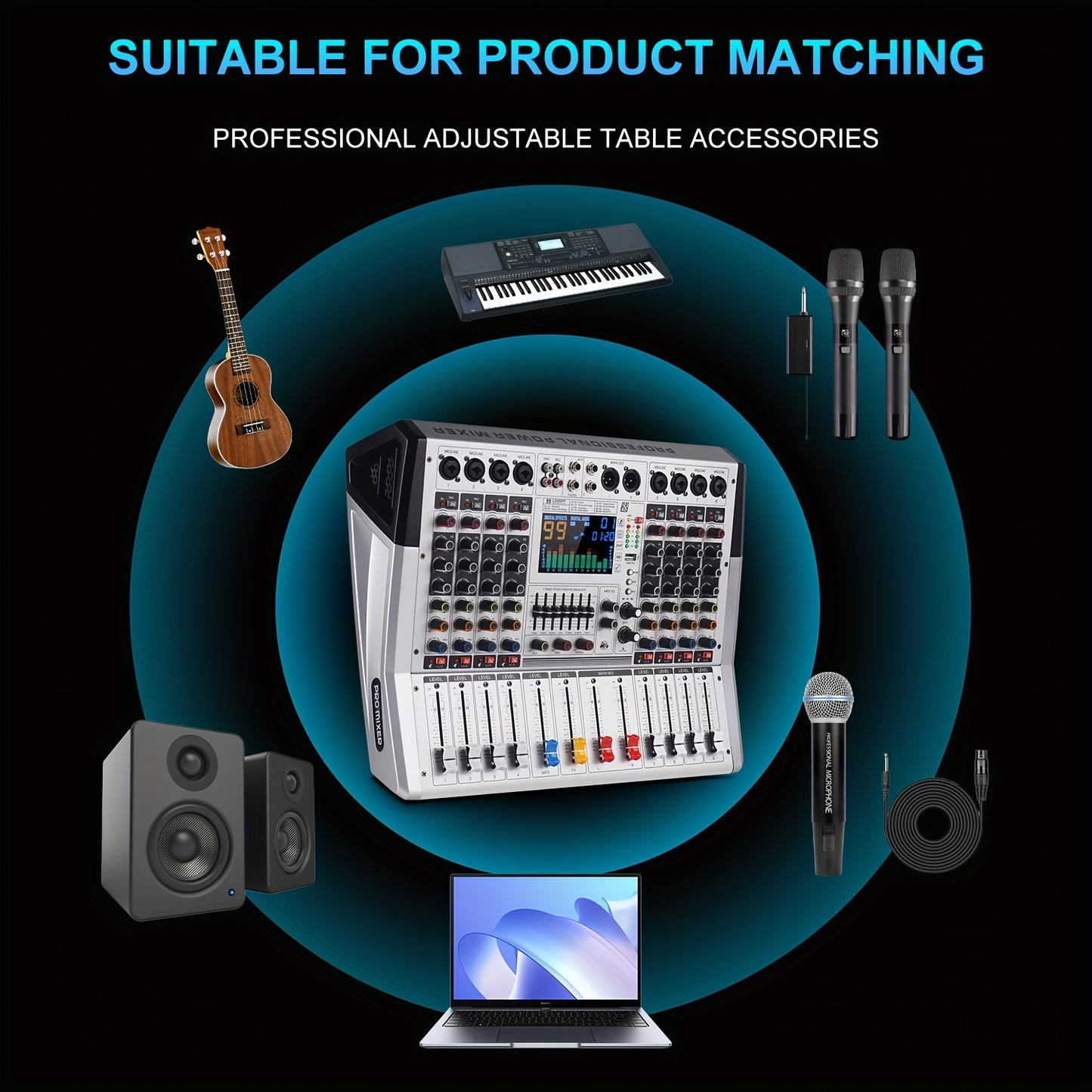 High-Power Stereo Amplifier Mixer with Reverb Effects and EQ