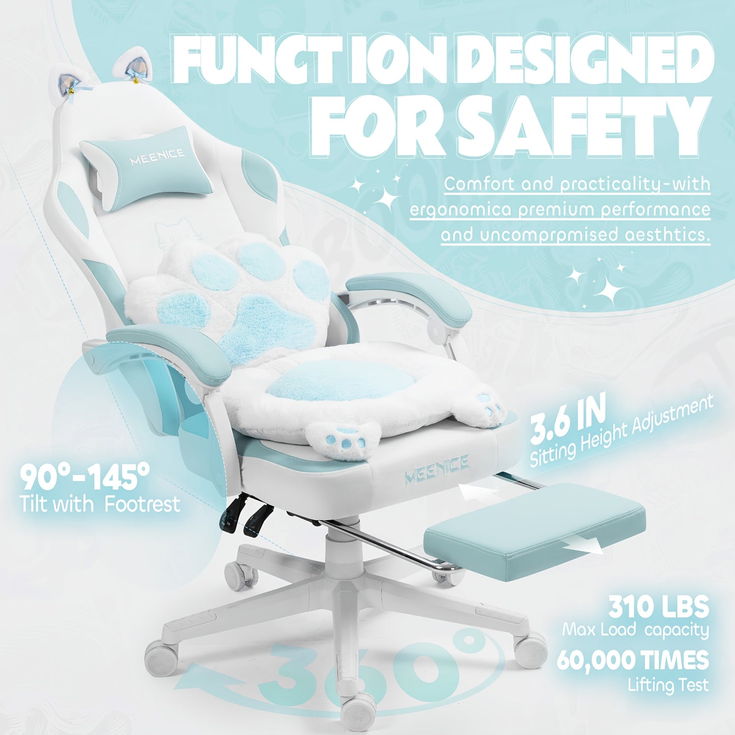 Ergonomic Gaming Chair with Cat Ears and Paw Print Design