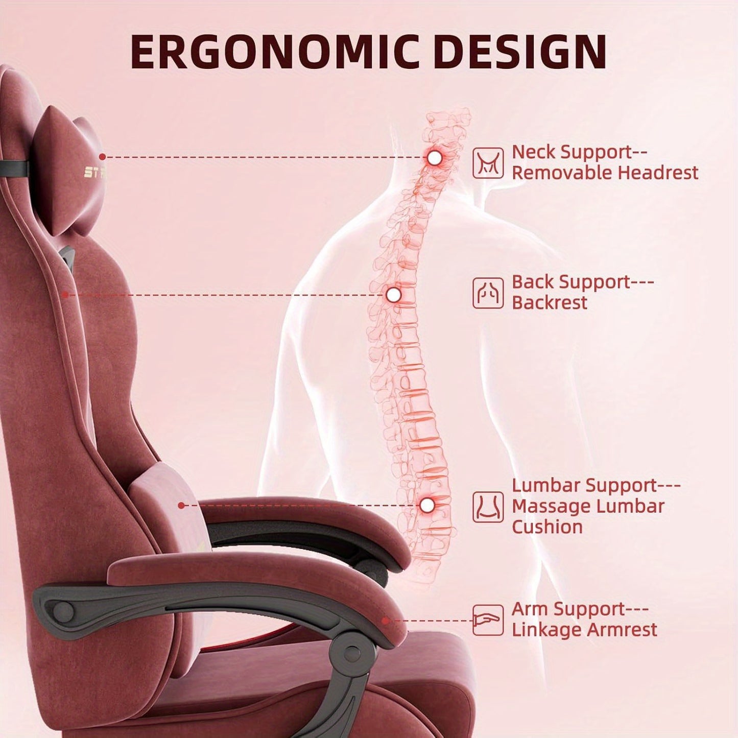 Ergonomic Velvet Gaming Chair With Footrest And Massage Cushion