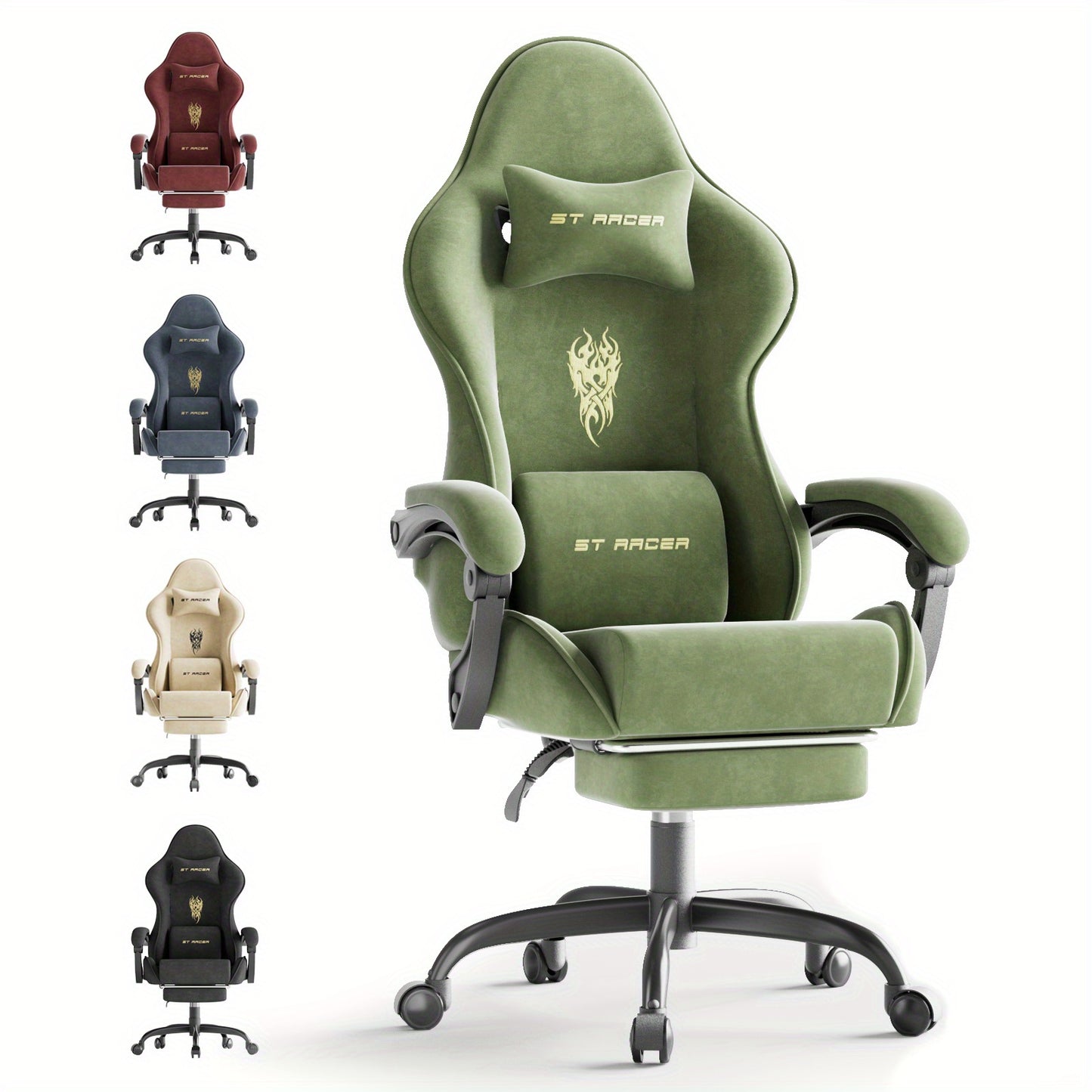 Ergonomic Velvet Gaming Chair With Footrest And Massage Cushion