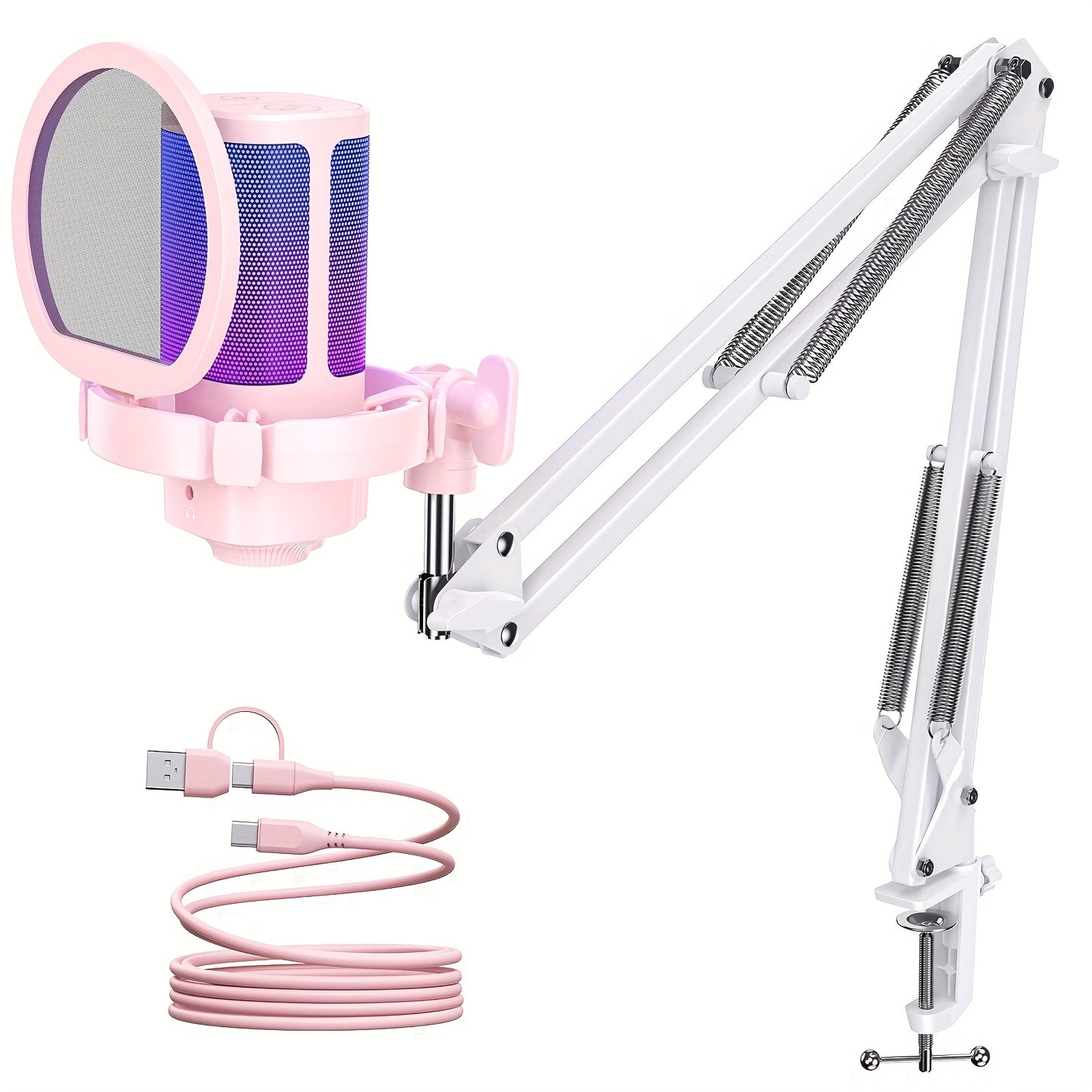 Gaming USB Microphone with RGB Lighting and Adjustable Boom Arm
