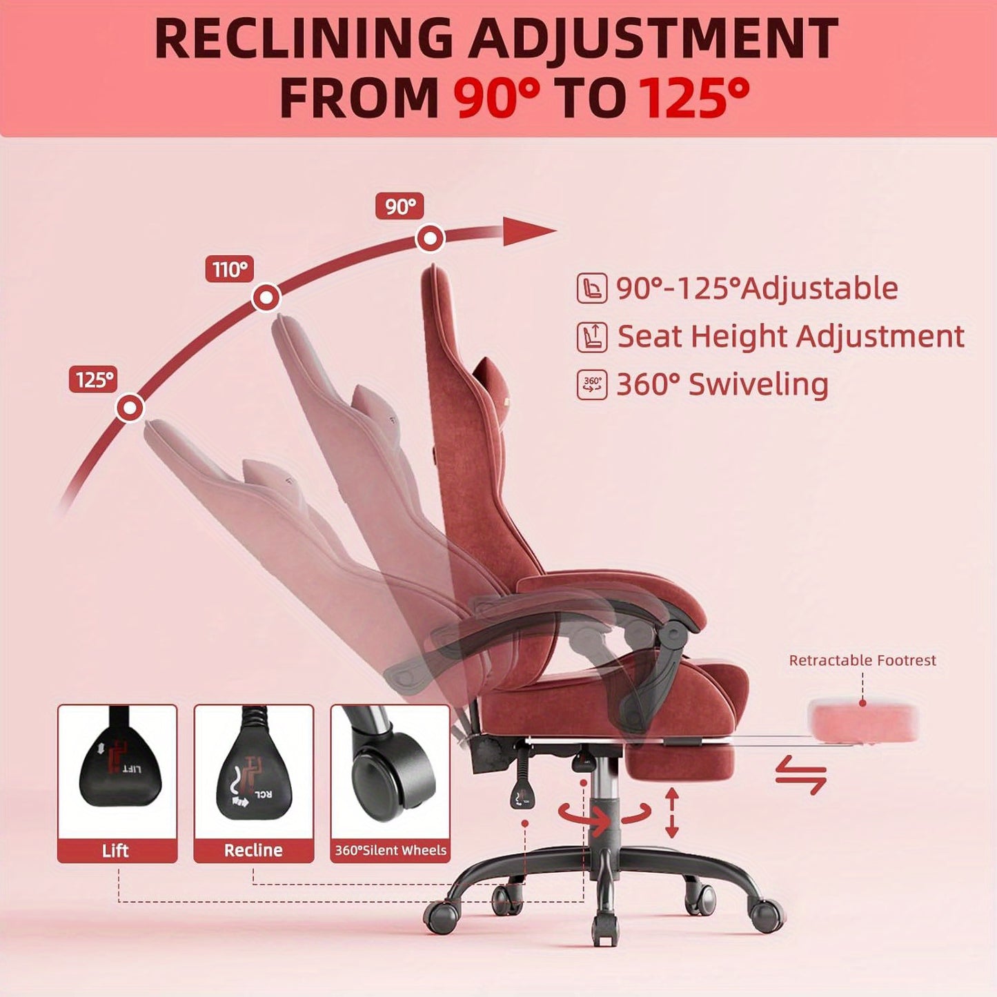 Ergonomic Velvet Gaming Chair With Footrest And Massage Cushion