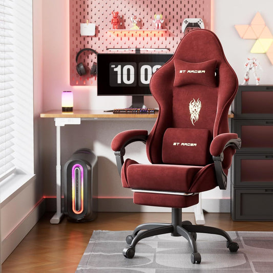 Ergonomic Velvet Gaming Chair With Footrest And Massage Cushion