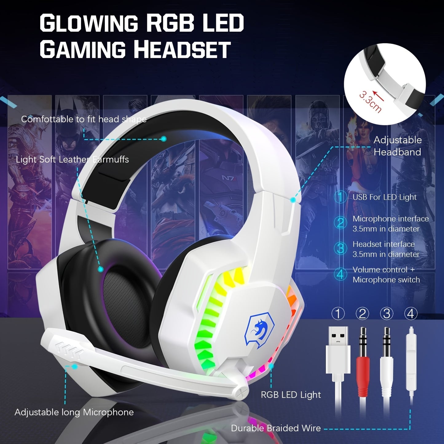 Rainbow LED Gaming Combo Keyboard Mouse Headset for Gamers