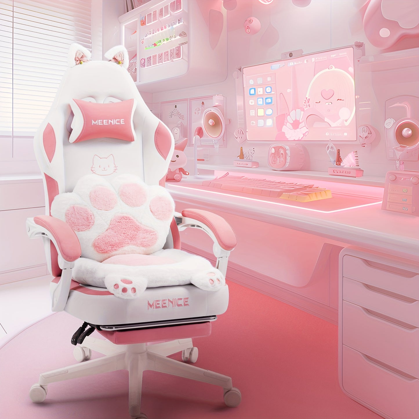 Ergonomic Gaming Chair with Cat Ears and Paw Print Design