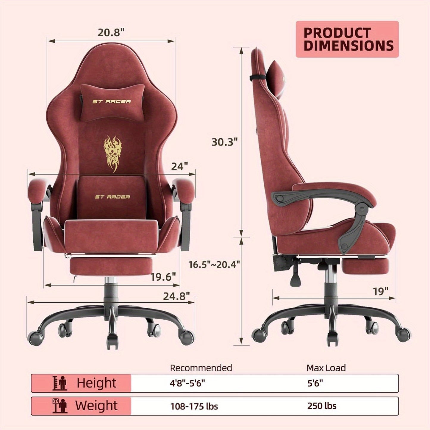 Ergonomic Velvet Gaming Chair With Footrest And Massage Cushion
