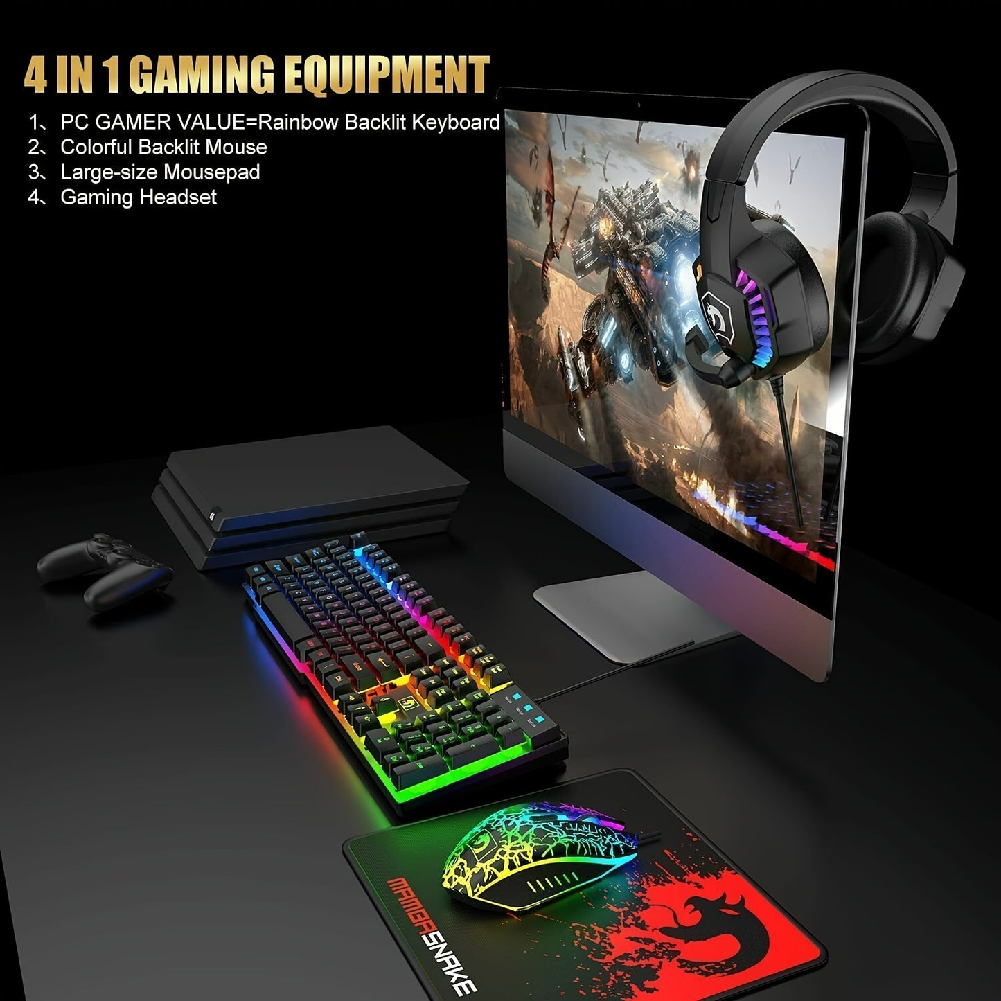 Rainbow LED Gaming Combo Keyboard Mouse Headset for Gamers