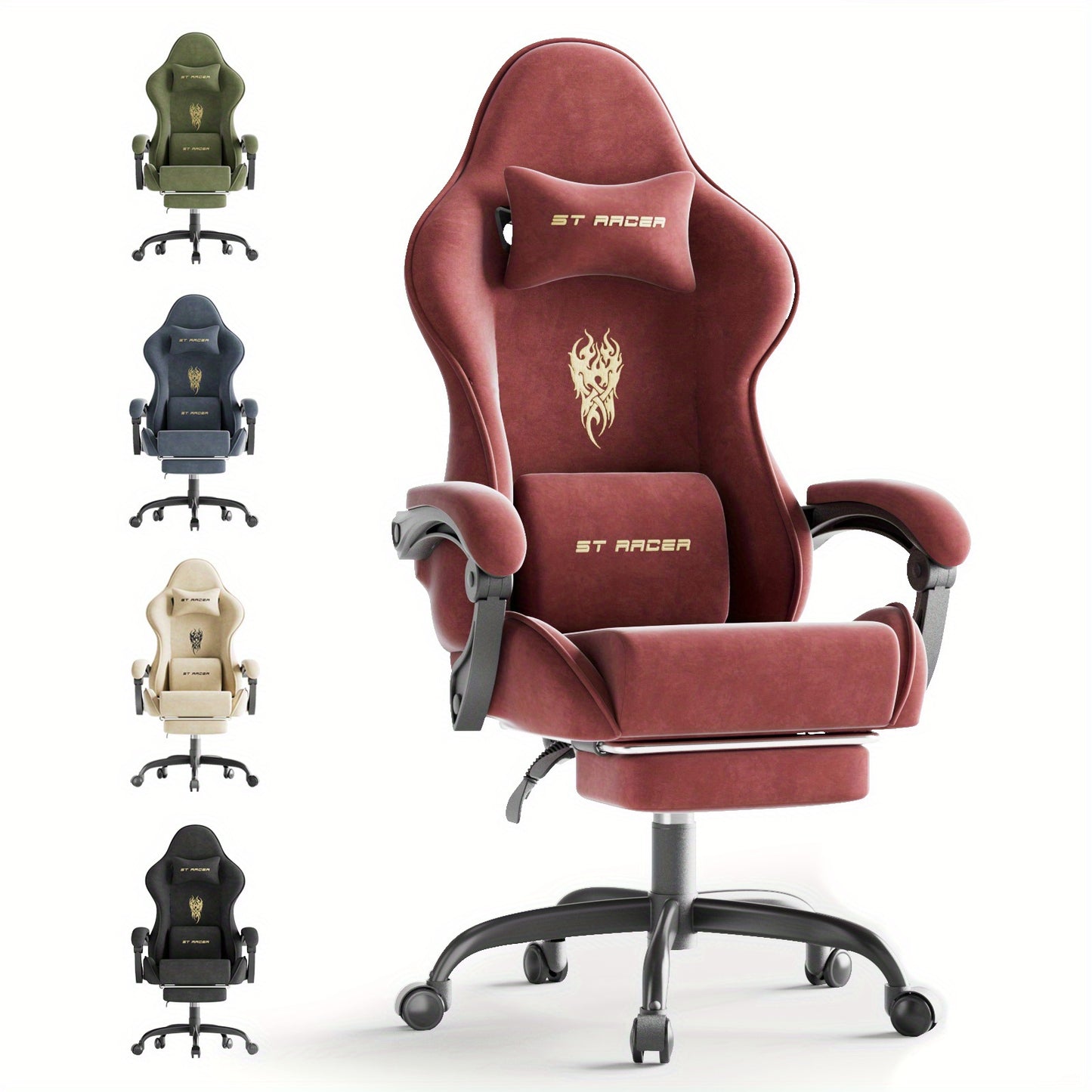Ergonomic Velvet Gaming Chair With Footrest And Massage Cushion