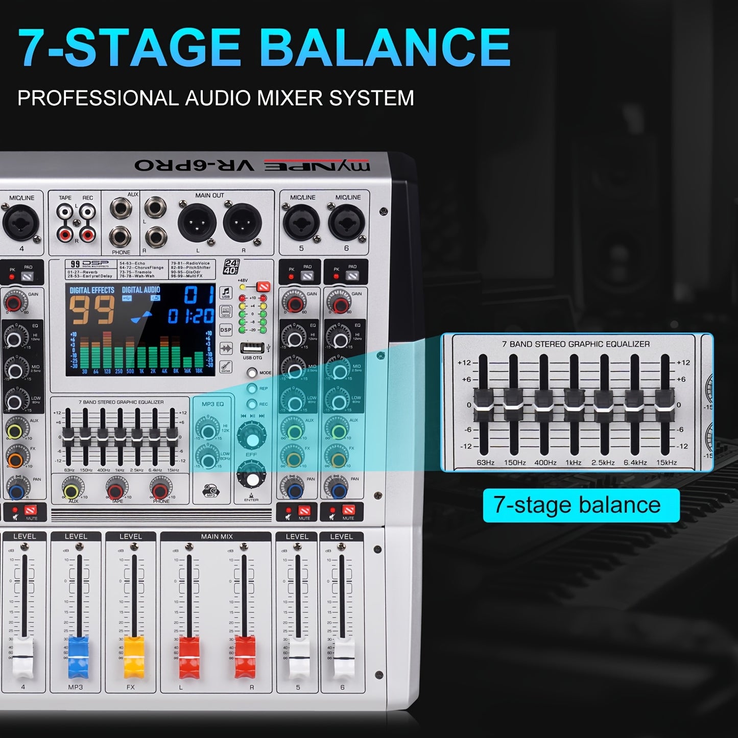 High-Power Stereo Amplifier Mixer with Reverb Effects and EQ