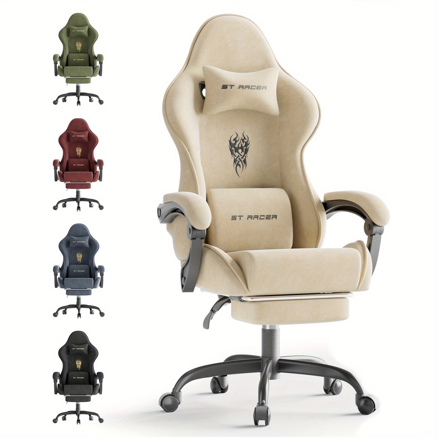 Ergonomic Velvet Gaming Chair With Footrest And Massage Cushion