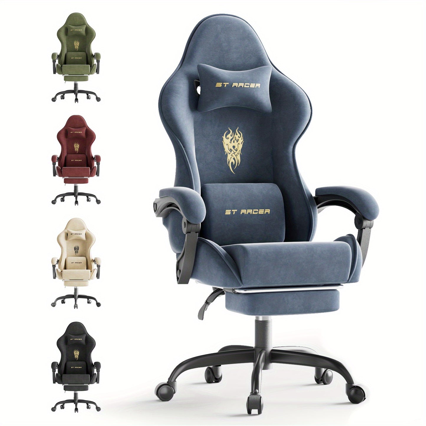 Ergonomic Velvet Gaming Chair With Footrest And Massage Cushion