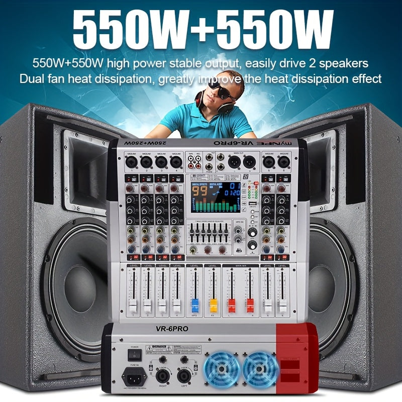 High-Power Stereo Amplifier Mixer with Reverb Effects and EQ