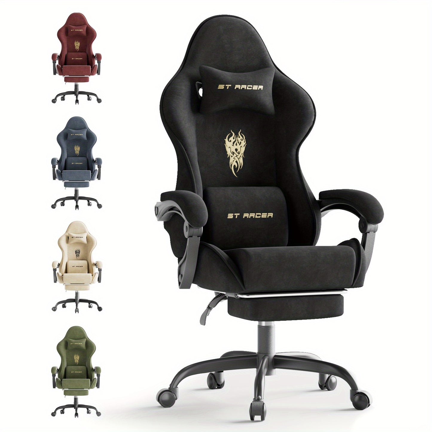 Ergonomic Velvet Gaming Chair With Footrest And Massage Cushion