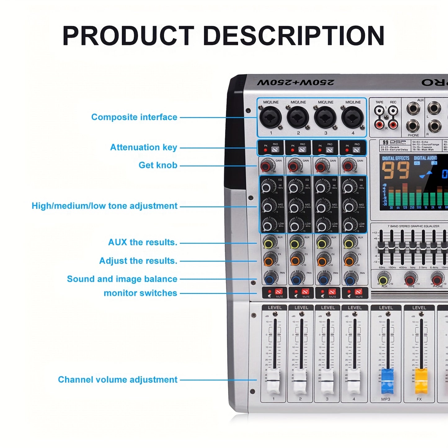 High-Power Stereo Amplifier Mixer with Reverb Effects and EQ