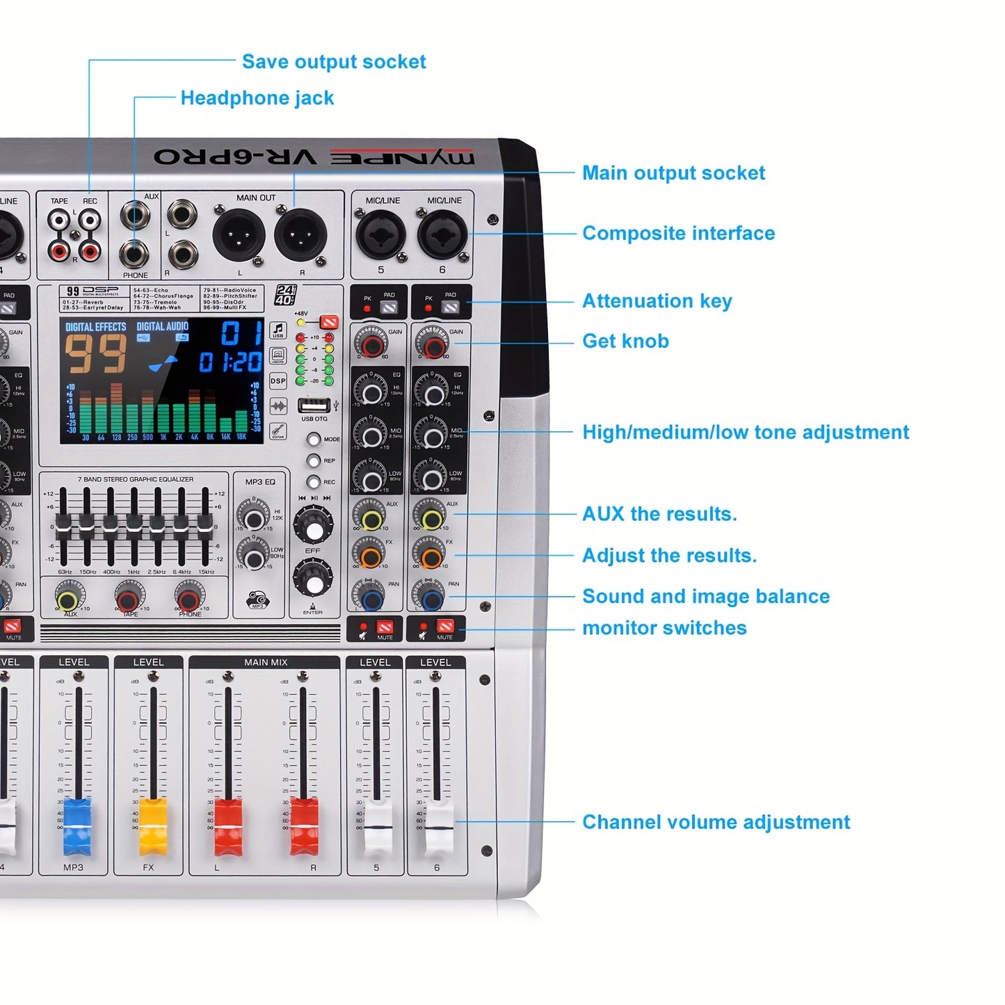 High-Power Stereo Amplifier Mixer with Reverb Effects and EQ