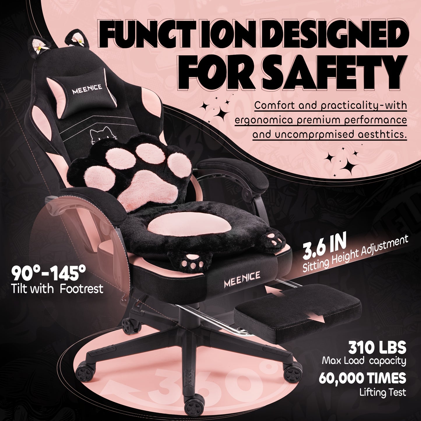 Ergonomic Gaming Chair with Cat Ears and Paw Print Design