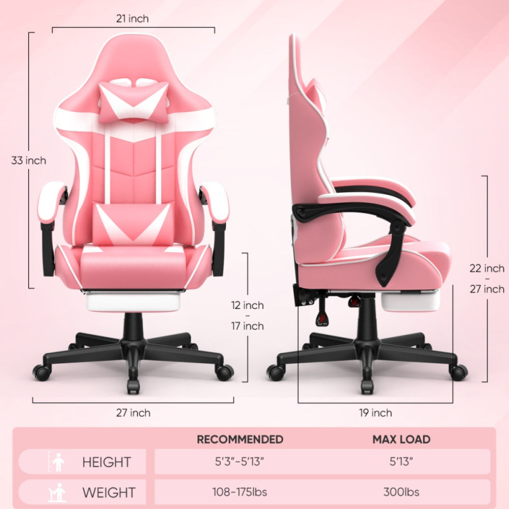 Ergonomic Pink Gaming Chair with Footrest and Lumbar Support