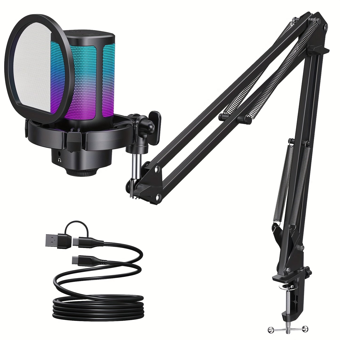 Gaming USB Microphone with RGB Lighting and Adjustable Boom Arm