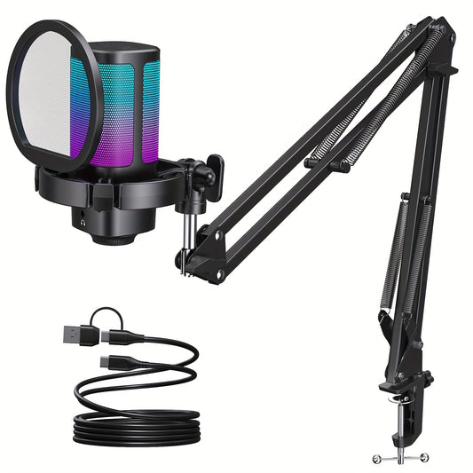 Gaming USB Microphone with RGB Lighting and Adjustable Boom Arm