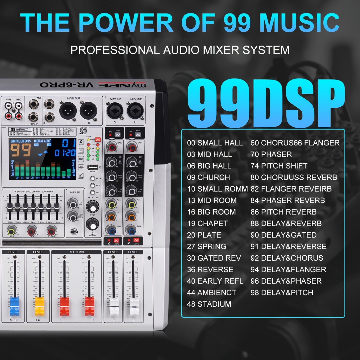 High-Power Stereo Amplifier Mixer with Reverb Effects and EQ