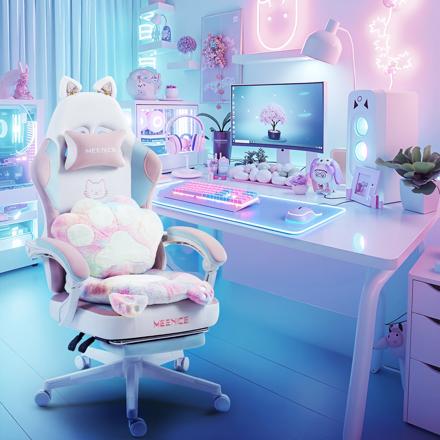 Ergonomic Gaming Chair with Cat Ears and Paw Print Design
