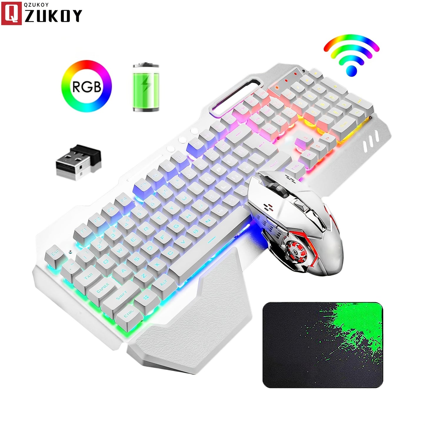 QZUKOY Wireless Gaming Keyboard And Mouse Set With Rainbow Backlighting