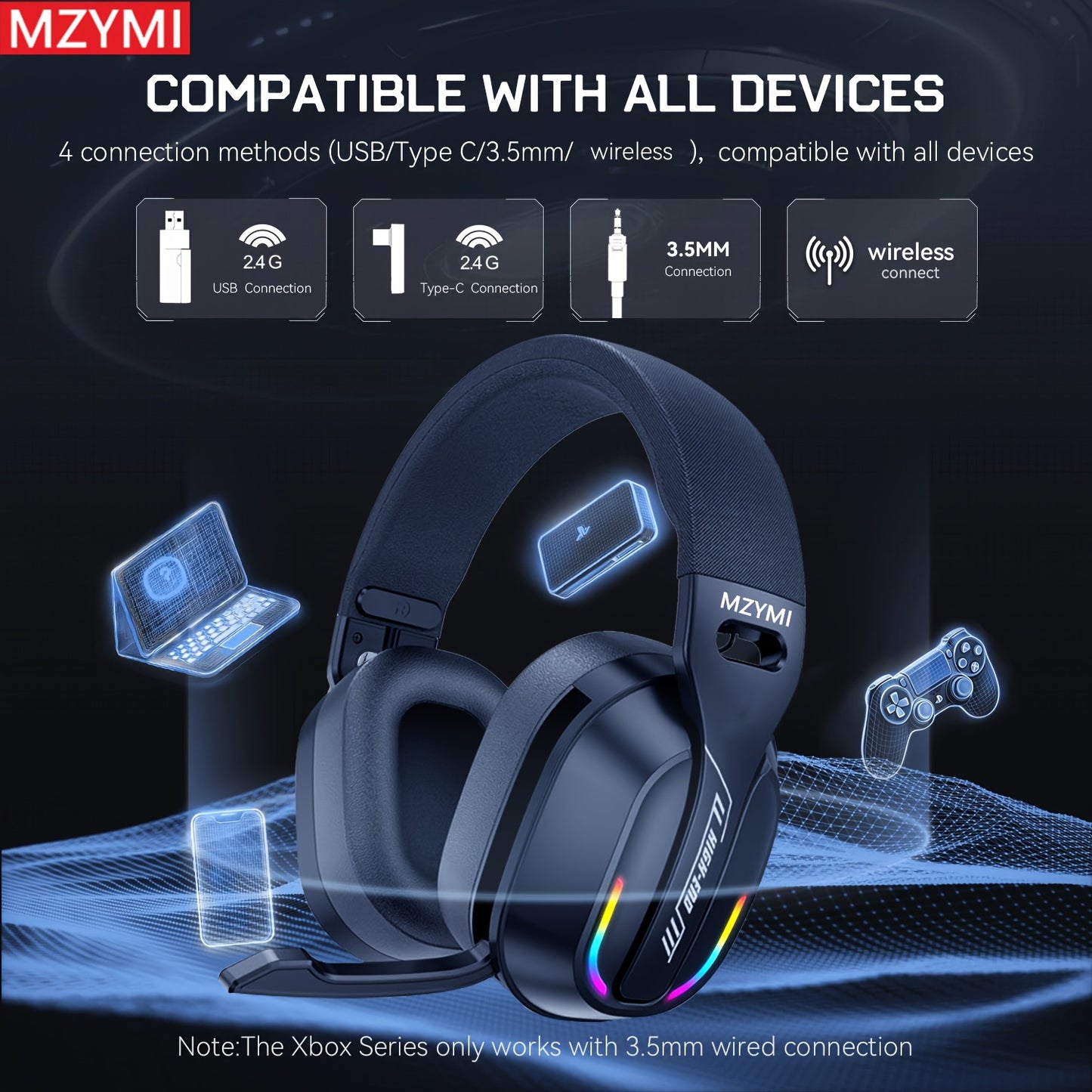 MZYMI GT100 Wireless Gaming Headset with Detachable Microphone