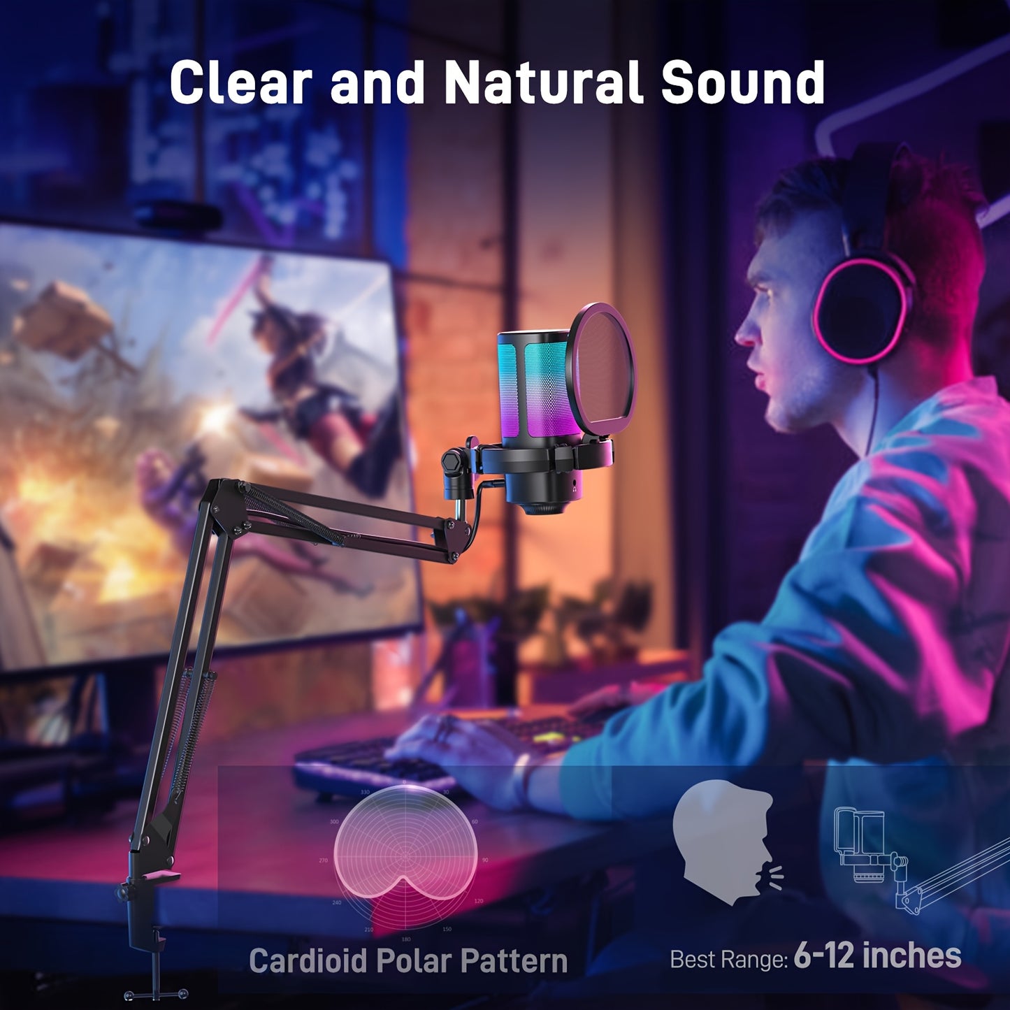 Gaming USB Microphone with RGB Lighting and Adjustable Boom Arm