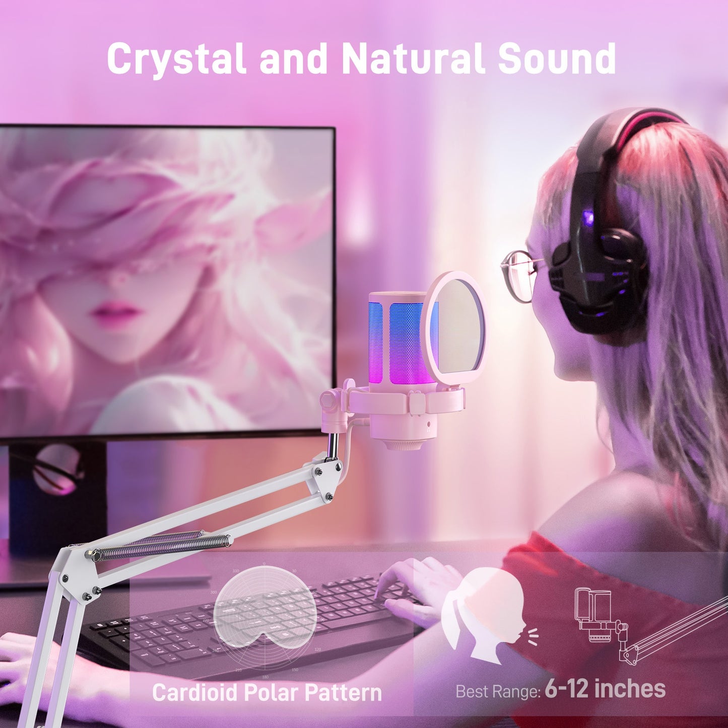Gaming USB Microphone with RGB Lighting and Adjustable Boom Arm