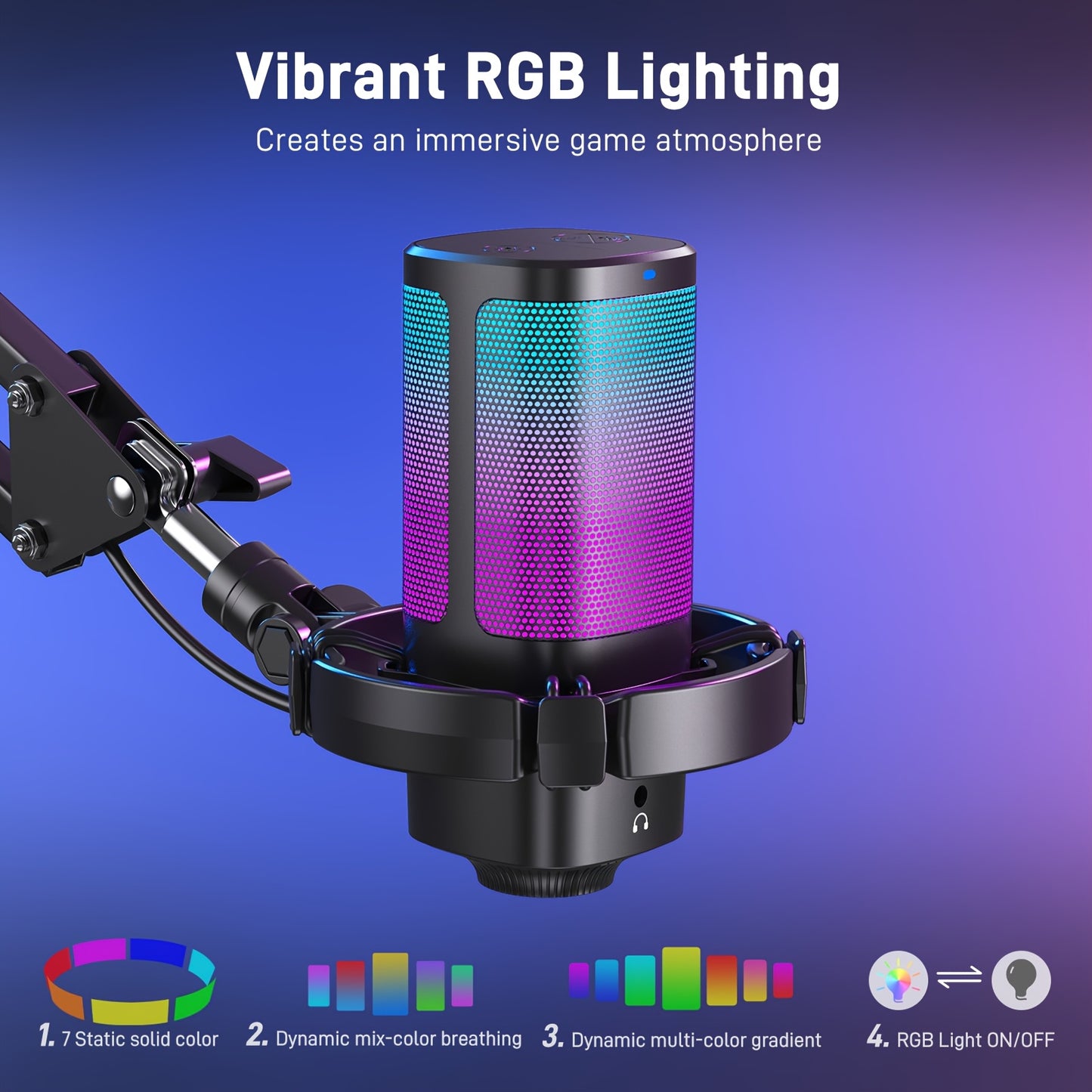 Gaming USB Microphone with RGB Lighting and Adjustable Boom Arm