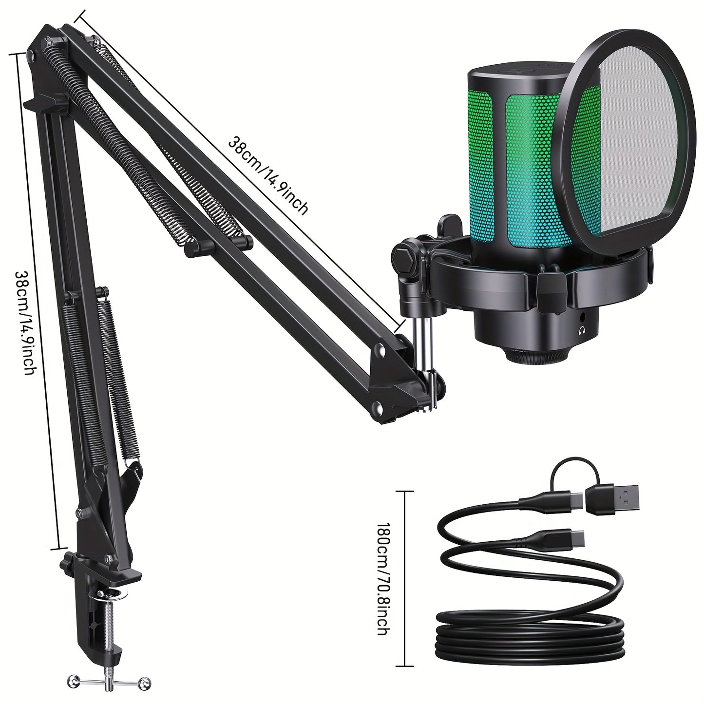Gaming USB Microphone with RGB Lighting and Adjustable Boom Arm
