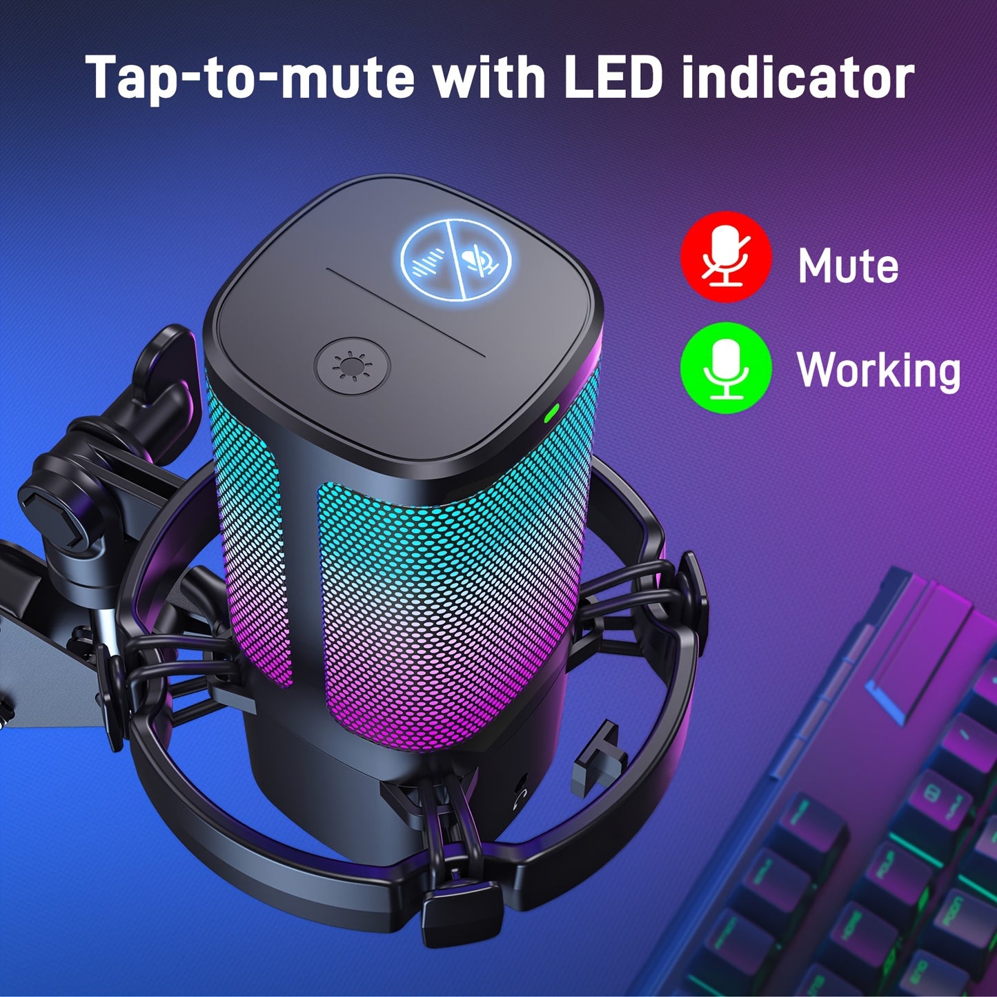 Gaming USB Microphone with RGB Lighting and Adjustable Boom Arm