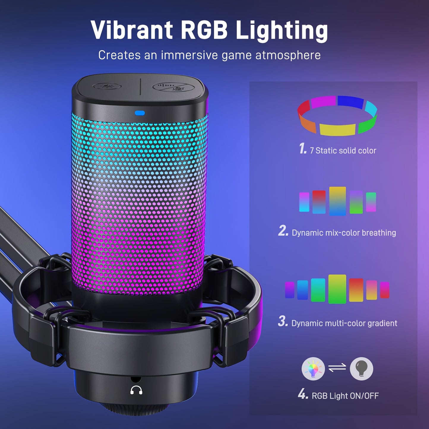 Gaming USB Microphone with RGB Lighting and Adjustable Boom Arm